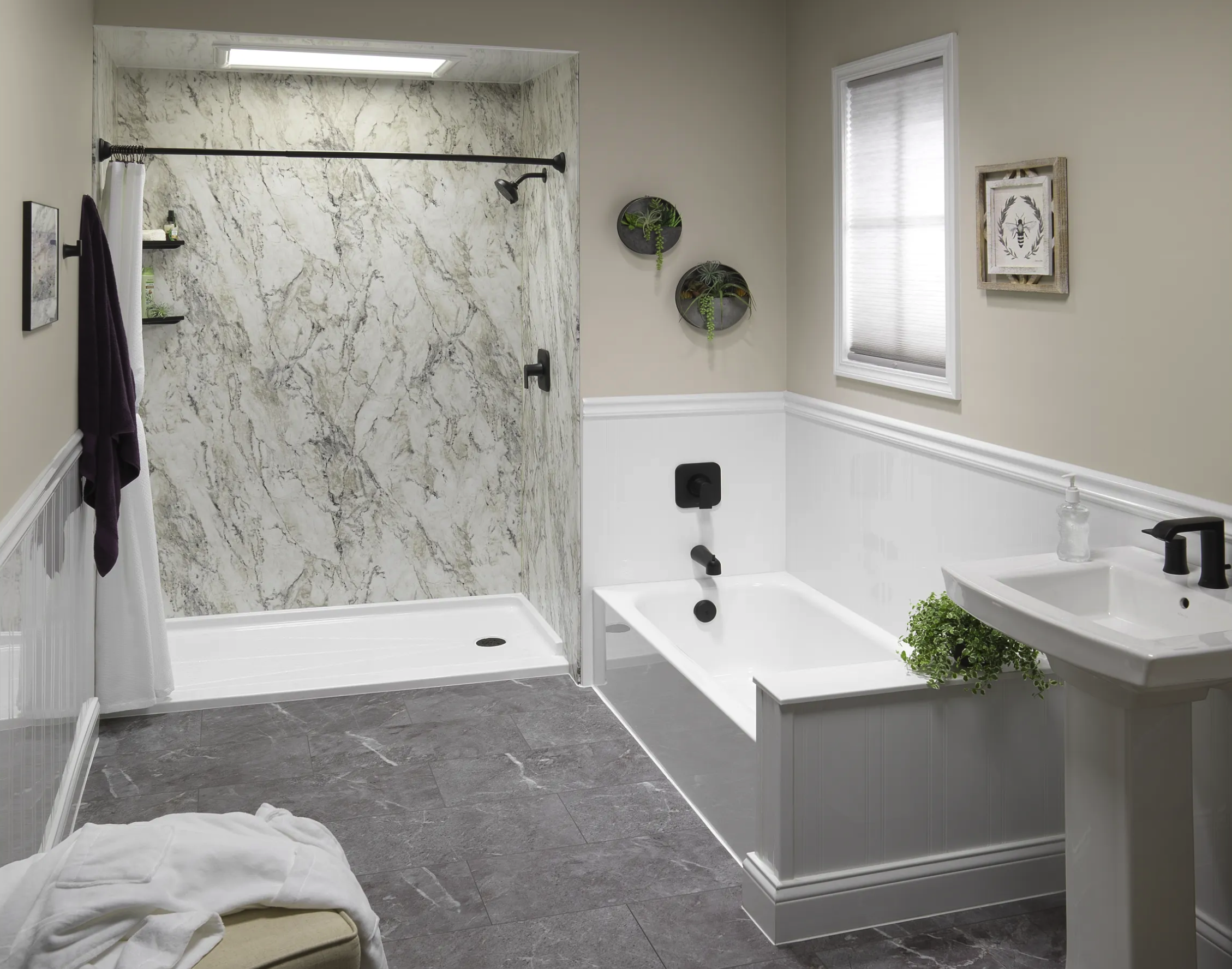 Finished walk-in shower with marble-look wall system and low threshold