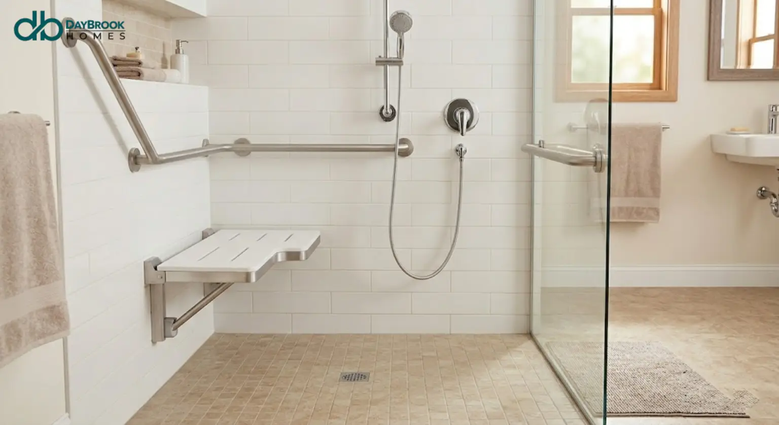 Accessible walk-in shower with a fold-down seat, horizontal grab bar and handheld sprayer on a slide bar