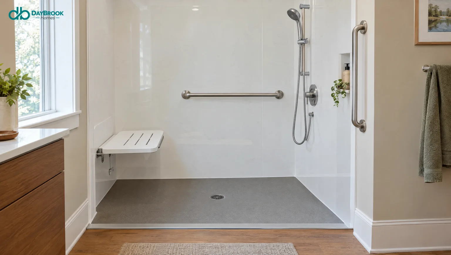 Blog 19 Accessible walk-in shower with a fold-down seat, grab bars, a handheld shower on a slide bar and a low entry
