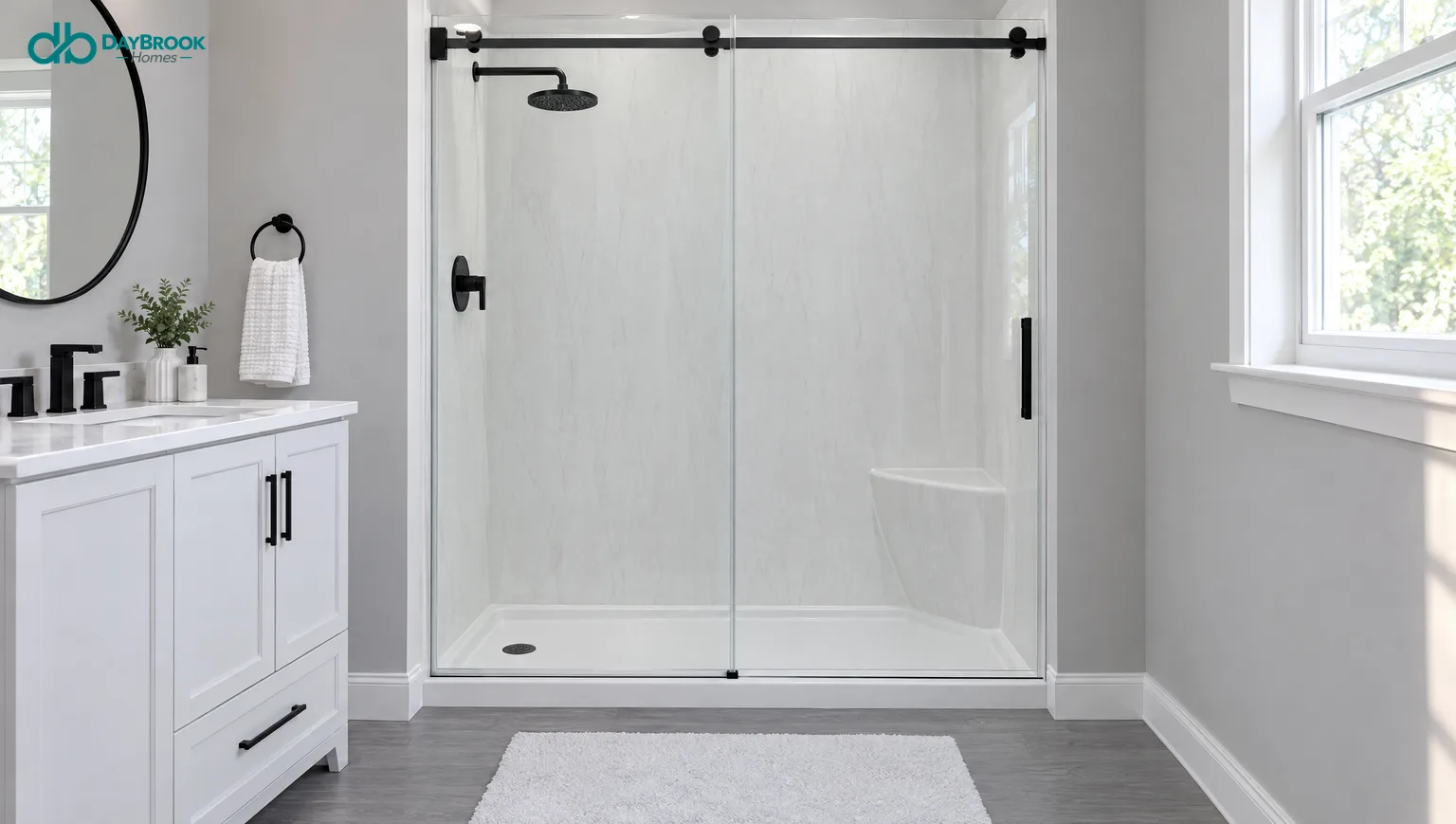 Walk-in shower with white stone-pattern acrylic panels, a low-threshold base, molded corner seat and matte black sliding glass door