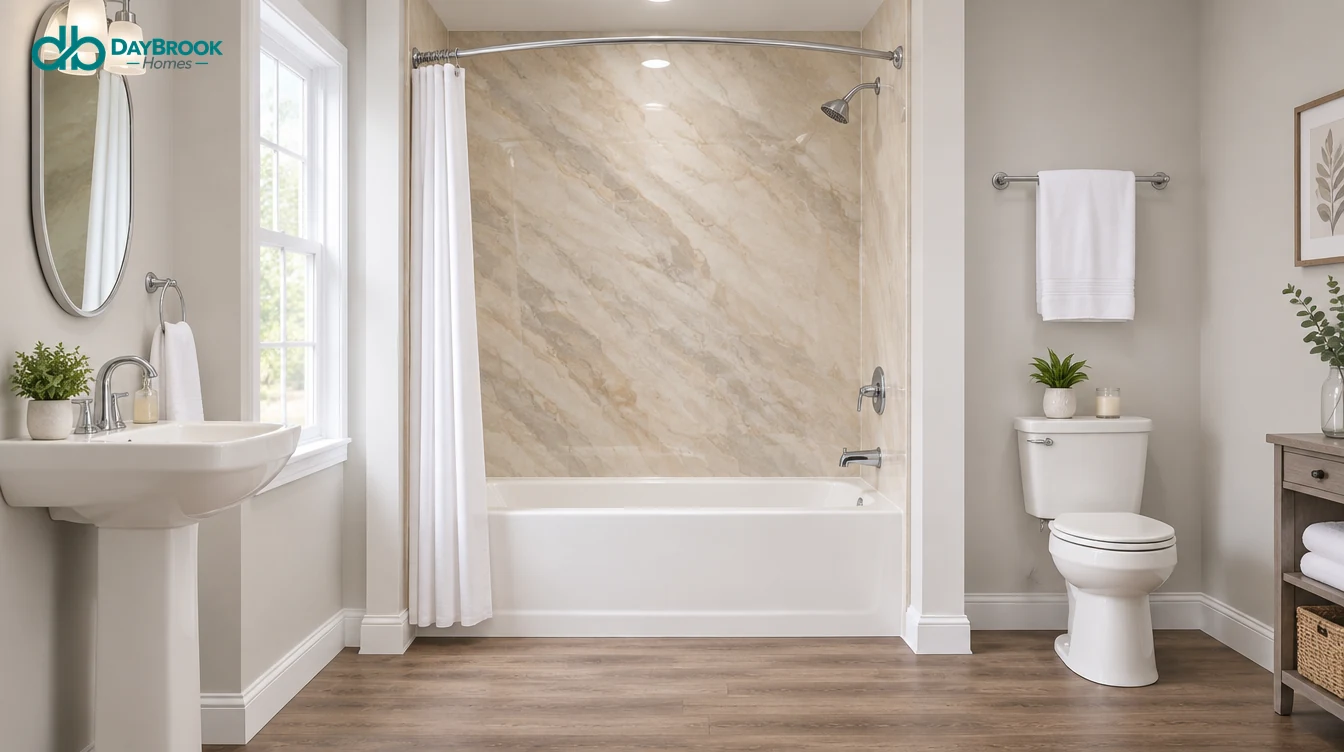 Blog 17 Bright remodeled bathroom with a new white acrylic alcove bathtub and a seamless stone-look wall surround