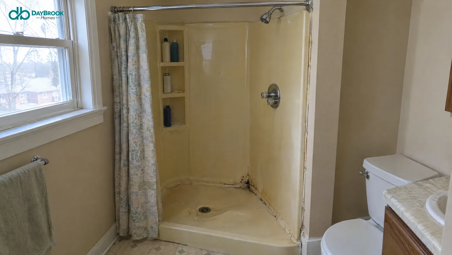 Dated almond fiberglass shower stall with a cracked base, mildew along the bottom seam and a two-handle valve