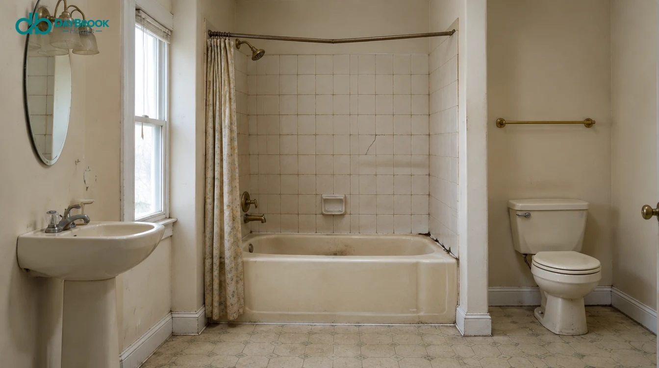 Dated bathtub with a stained, cracked tile surround and a failing caulk joint, before a remodel