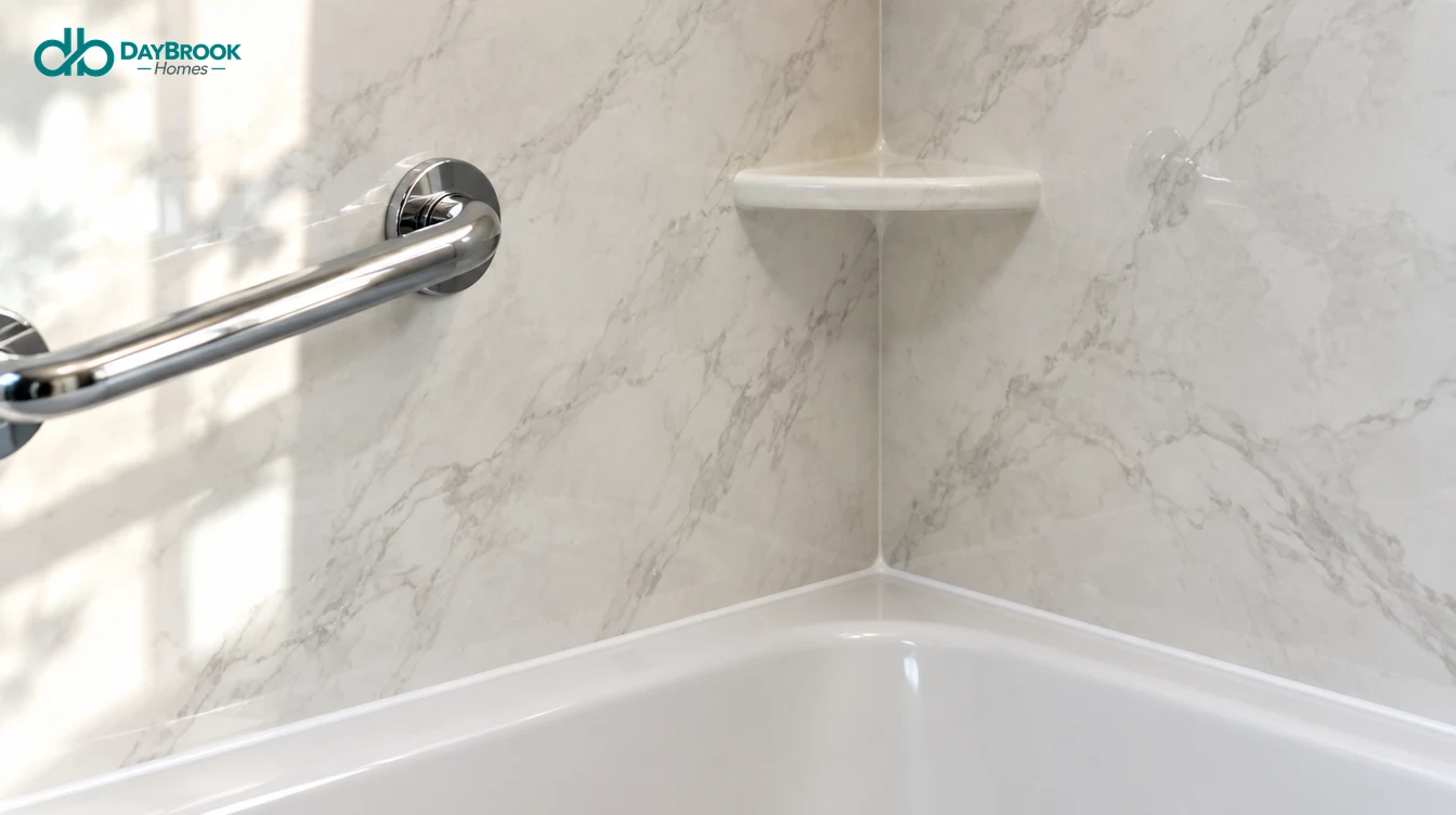 Close-up of a grout-free acrylic wall panel inside corner above a white tub deck, with a molded shelf and a chrome grab bar