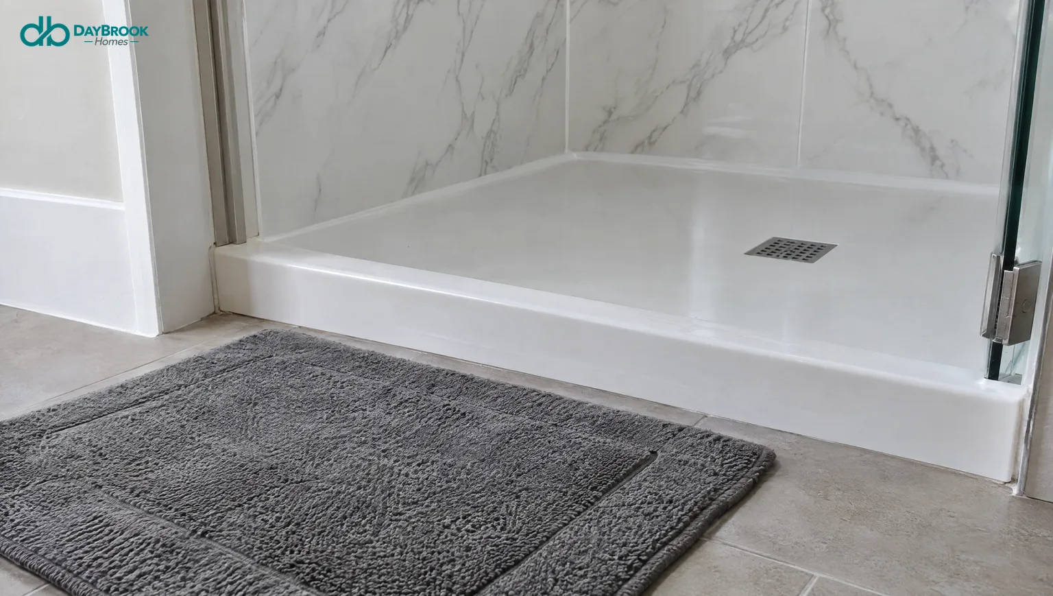 Low-threshold white shower base with a two-inch lip and a gray bath mat outside