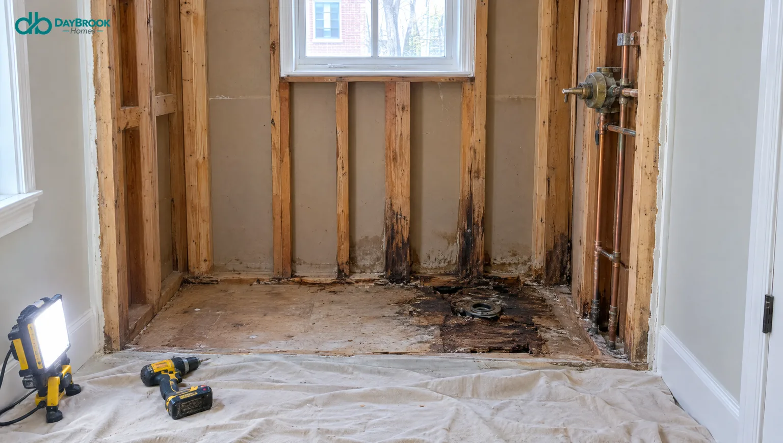 Shower alcove opened to the studs showing water-stained rotted studs and soft subfloor around the drain, with exposed copper supply lines
