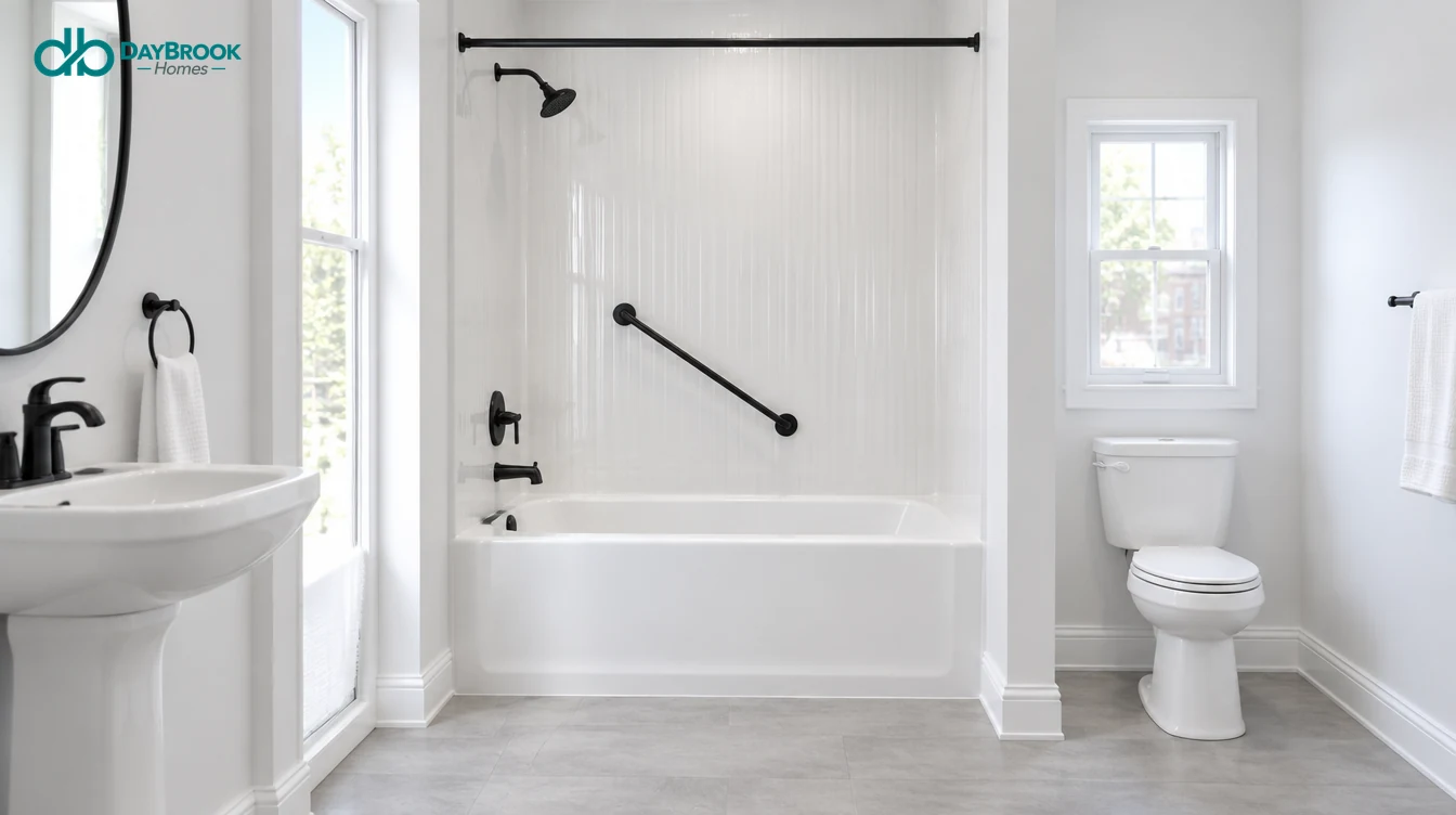 Narrow Baltimore rowhome bathroom with a new white acrylic tub, grout-free wall panels and matte black fixtures