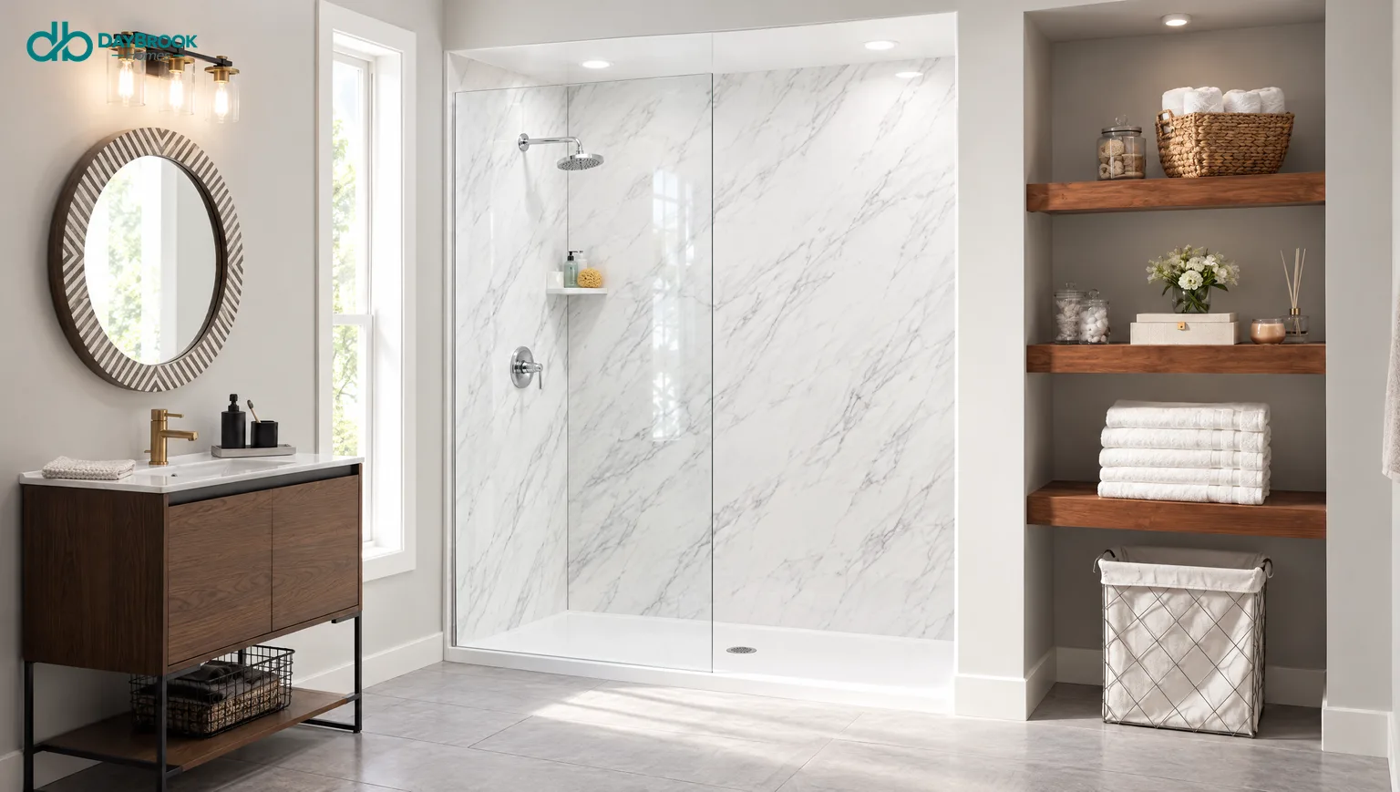 Walk-in shower with floor-to-ceiling seamless white marble-look wall panels and a fixed glass panel