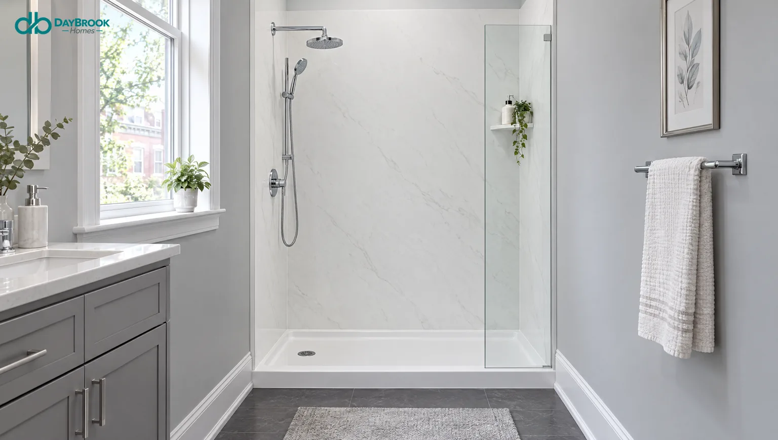 Blog 22 Compact walk-in shower with seamless white stone-look panels, a low base and a single glass return in a small bathroom