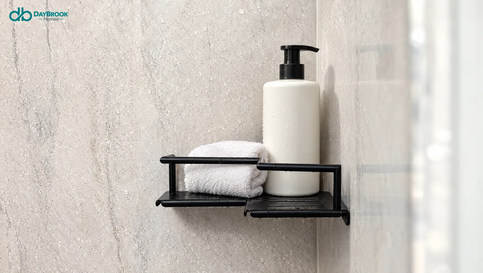 Corner of a shower with matte stone-look wall panels, no grout lines, and a matte black corner shelf holding a towel and pump bottle