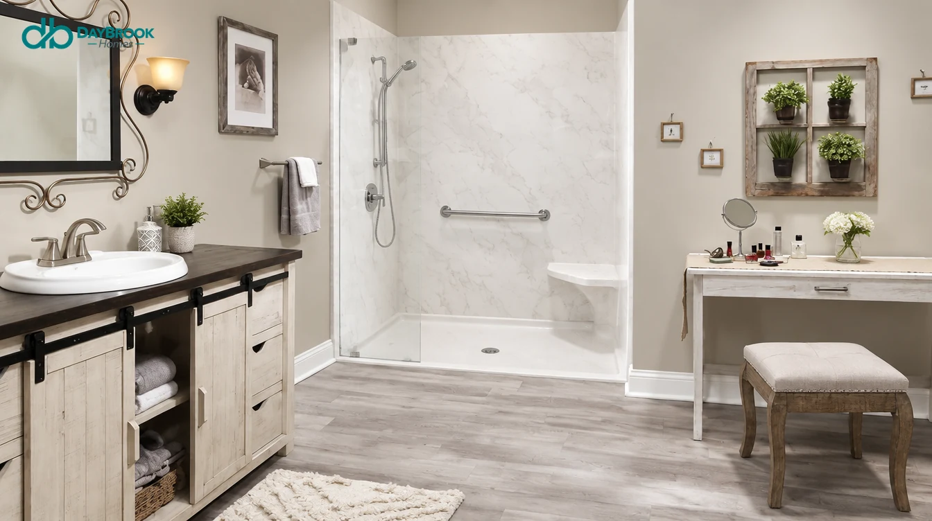 Walk-in shower built in a former bathtub alcove with marble-look wall panels, a molded corner seat and a low-threshold base