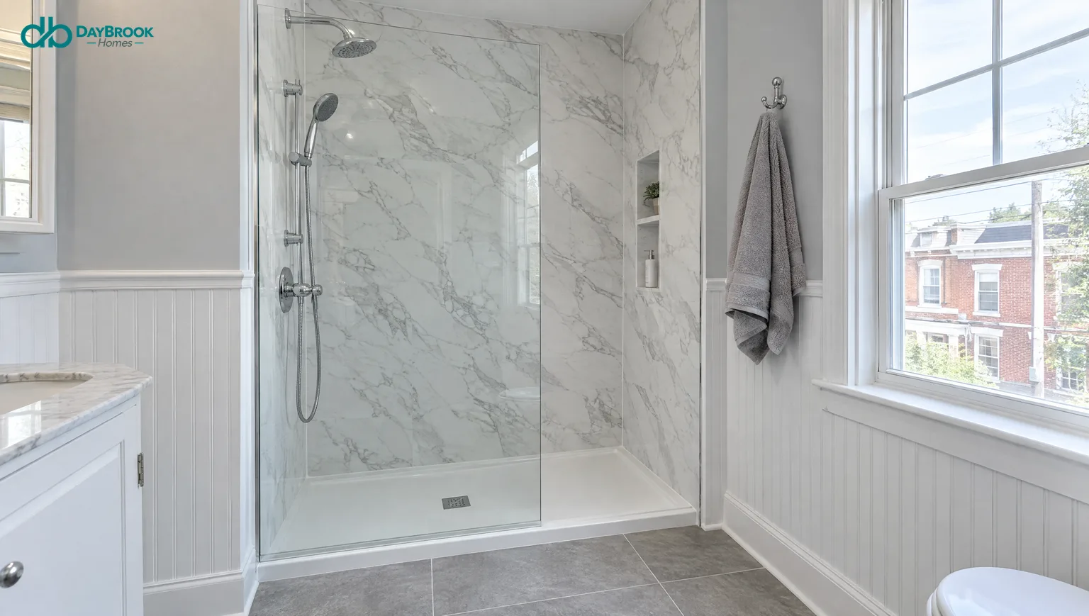 Blog 21 Finished tub-to-shower conversion in a rowhome bathroom with marble-look panels, a low threshold and a fixed glass panel