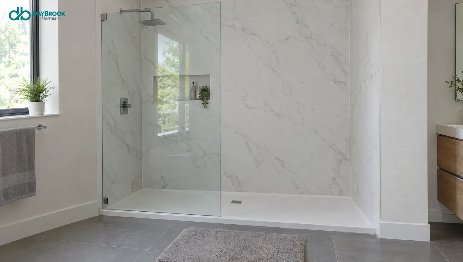 Walk-in shower with a fixed glass panel, an open entry, marble-look wall panels and a low-threshold base