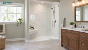 Walk-in shower with seamless marble-look wall panels, a molded seat, a low-threshold base and a fixed glass panel
