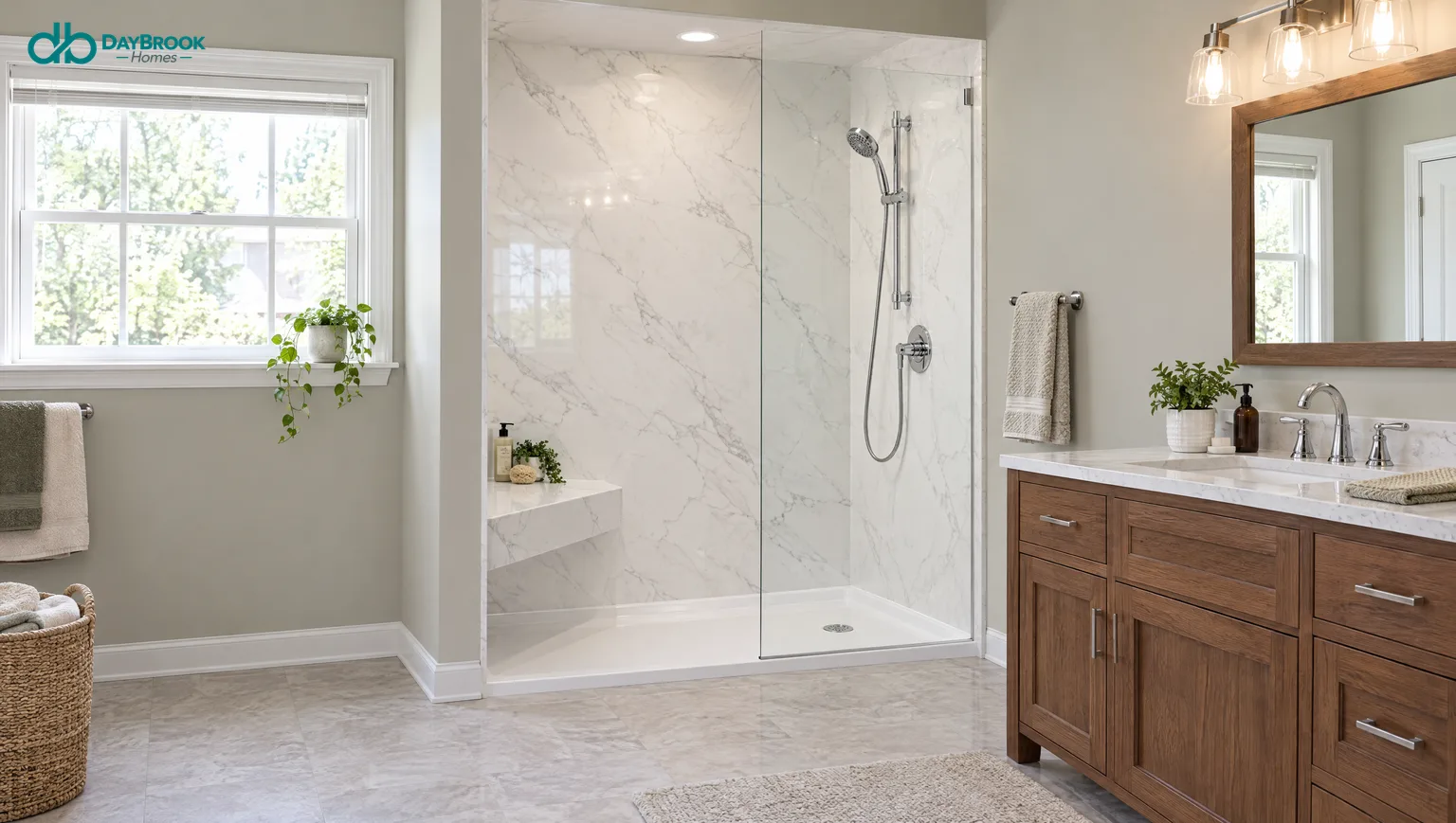 Walk-in shower with seamless marble-look wall panels, a molded seat, a low-threshold base and a fixed glass panel
