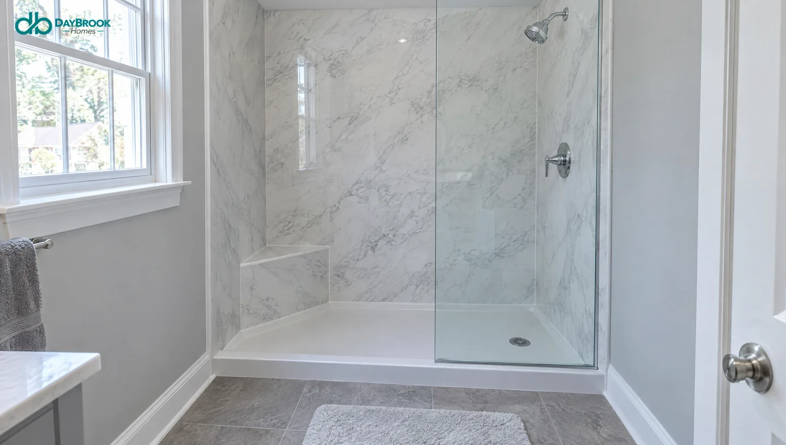 Walk-in shower in a former tub alcove with marble-look wall panels, a molded corner seat and a low-threshold base